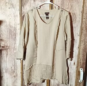 Multiples Linen Tan 3/4 Sleeve  Boxy Tunic With Decorative Panels Small